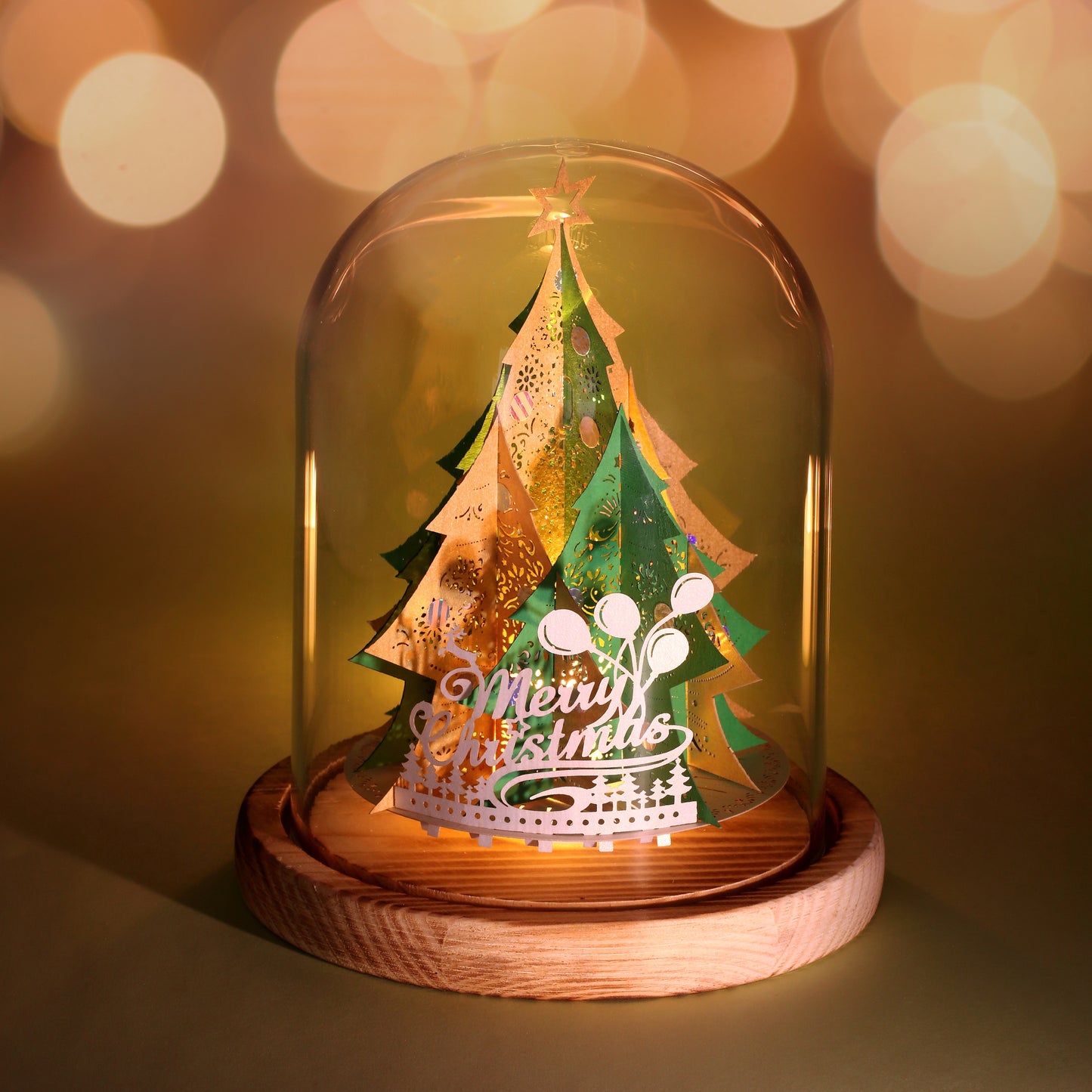 Xmas Tree (Green / Gold) + Glass Bell Jar with LED Candle Light - POSTalk Light Model (LM-54)