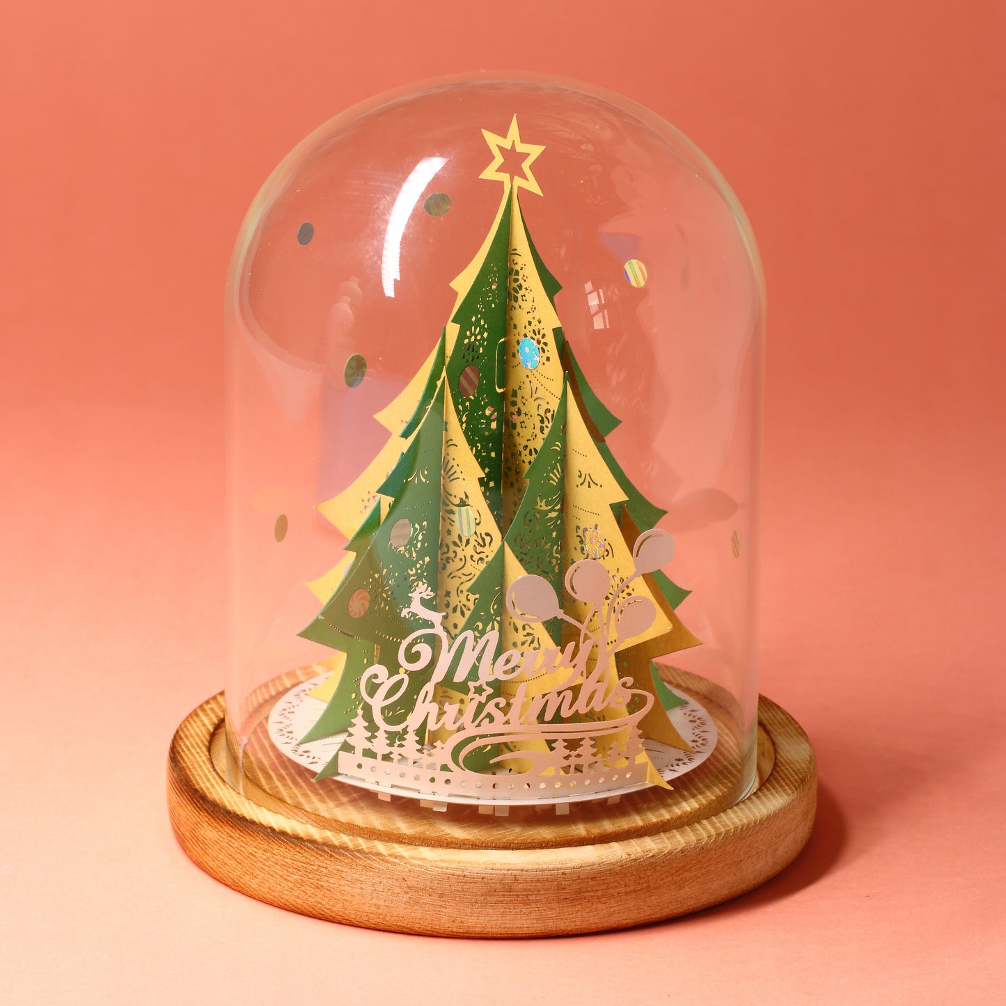 Xmas Tree (Green / Gold) + Glass Bell Jar with LED Candle Light - POSTalk Light Model (LM-54)