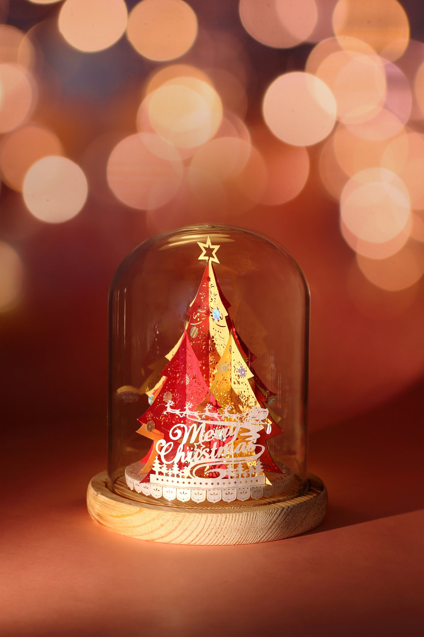 Xmas Tree (Red / Gold) + Glass Bell Jar with LED Candle Light - POSTalk Light Model (LM-56)