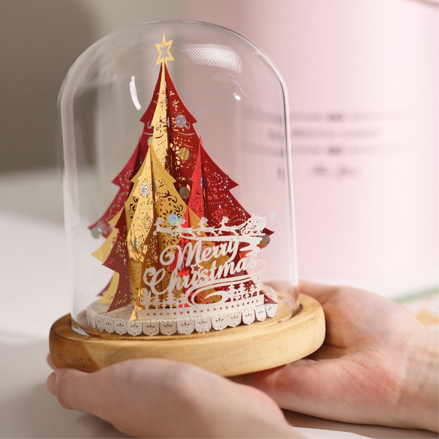 Xmas Tree (Red / Gold) + Glass Bell Jar with LED Candle Light - POSTalk Light Model (LM-56)