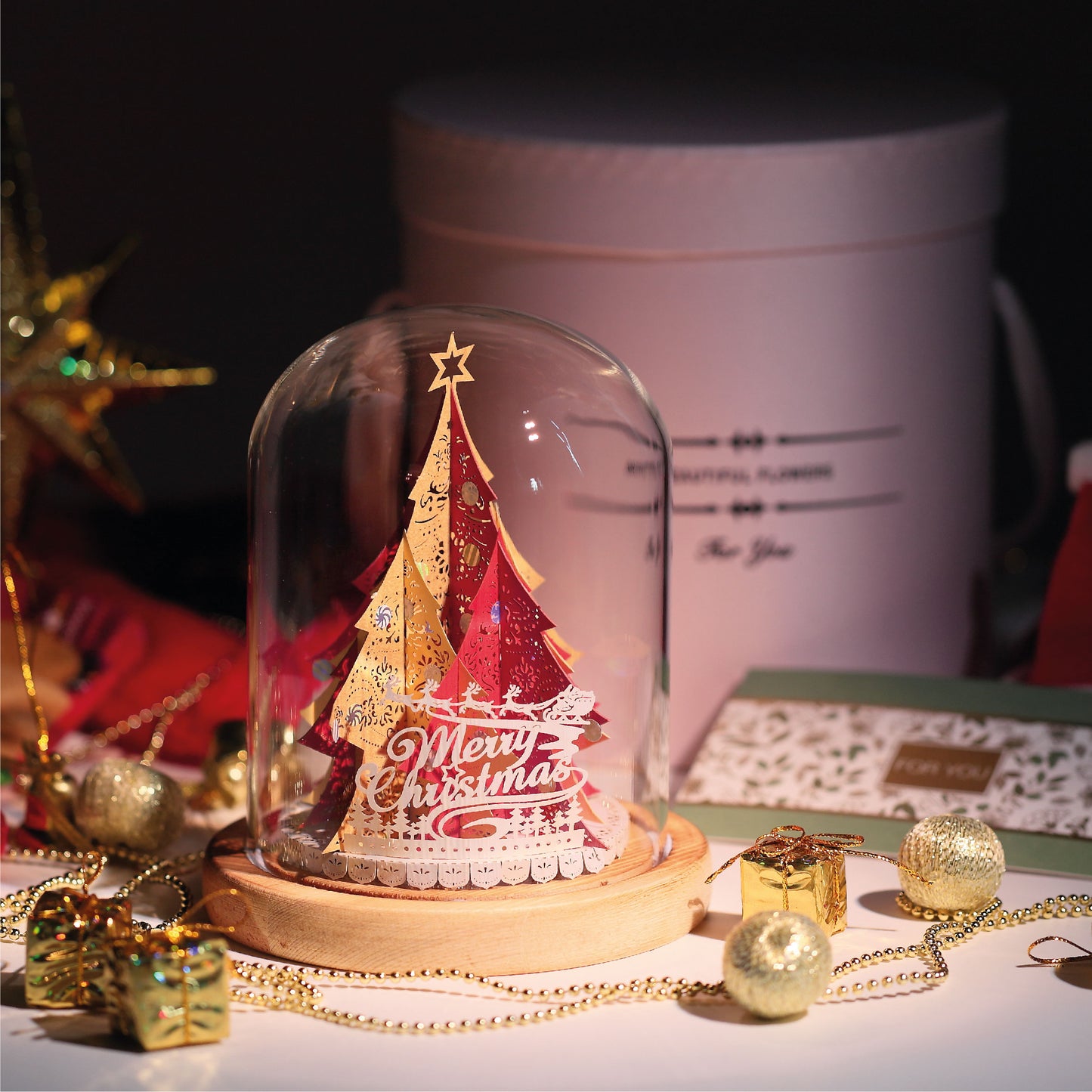 Xmas Tree (Red / Gold) + Glass Bell Jar with LED Candle Light - POSTalk Light Model (LM-56)